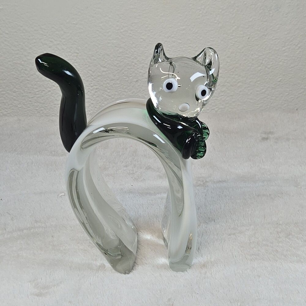 7.5" Vintage Murano Art Glass Cat Sculpture MCM Arched Alley Fall Kitty w Scarf